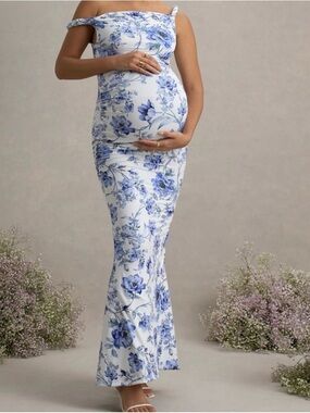 Club L London White and Blue Floral Off-Shoulder Maxi Dress